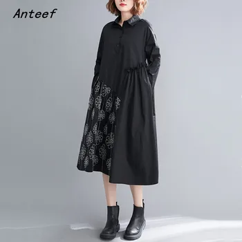 maneca lunga supradimensionat negru de bumbac floral vintage rochii pentru femei casual lejere de primavara toamna rochie elegant de îmbrăcăminte 2022