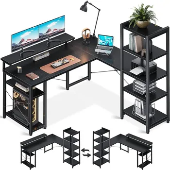 ODK Birou în Formă de L cu Monitor Stand, 54 Inch Home Office Birouri cu Stocare Printer Rafturi, Reversibile Colț de Jocuri de Birou