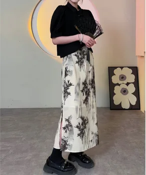Plus Dimensiune 3Xl 4Xl Îmbunătățit Chineză Rochie Neagră Mandarin Guler Qipao Femei de Imprimare de Bambus Cheongsams Elegant Puff Maneca Vestidos