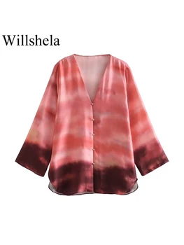 Willshela De Moda Pentru Femei Imprimate Singur Pieptul Bluza Vintage V-Neck Mâneci Lungi De Sex Feminin Chic Lady Tricouri